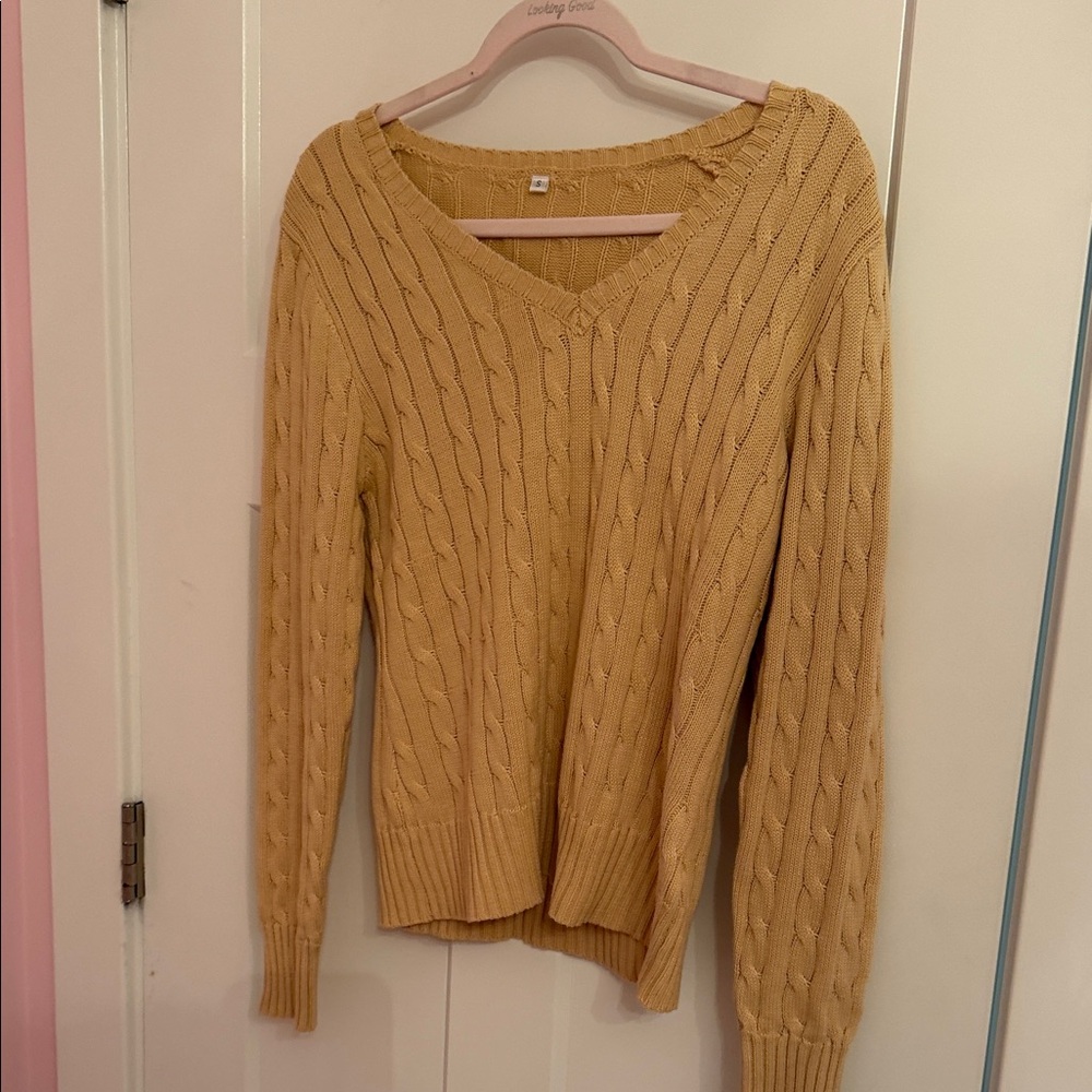 Tan Cable Knit V-Neck Sweater